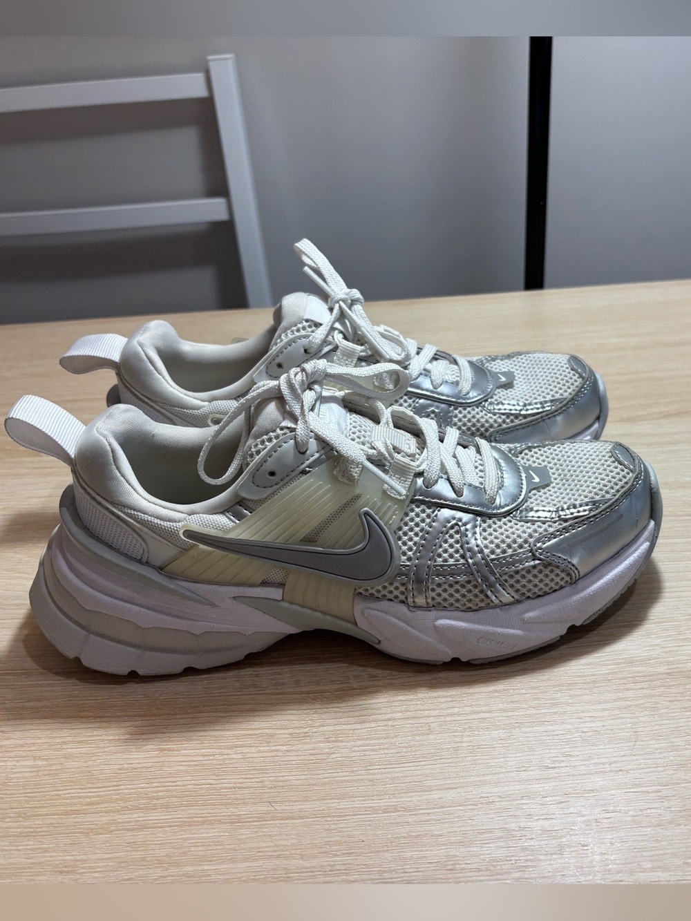 Nike Women’s White Silver Mesh and Metallic Sneakers